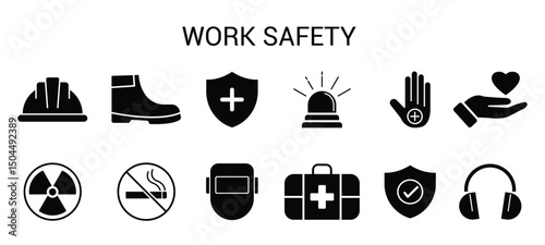 work safety equipment icon symbol. These icons include a hard hat, safety glasses, gloves, boots, and a fire extinguisher. Construction Protection Symbols vector illustration.