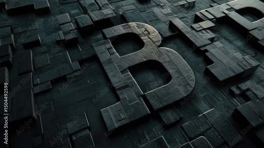 A sign made of metal blocks displaying the bitcoin logo