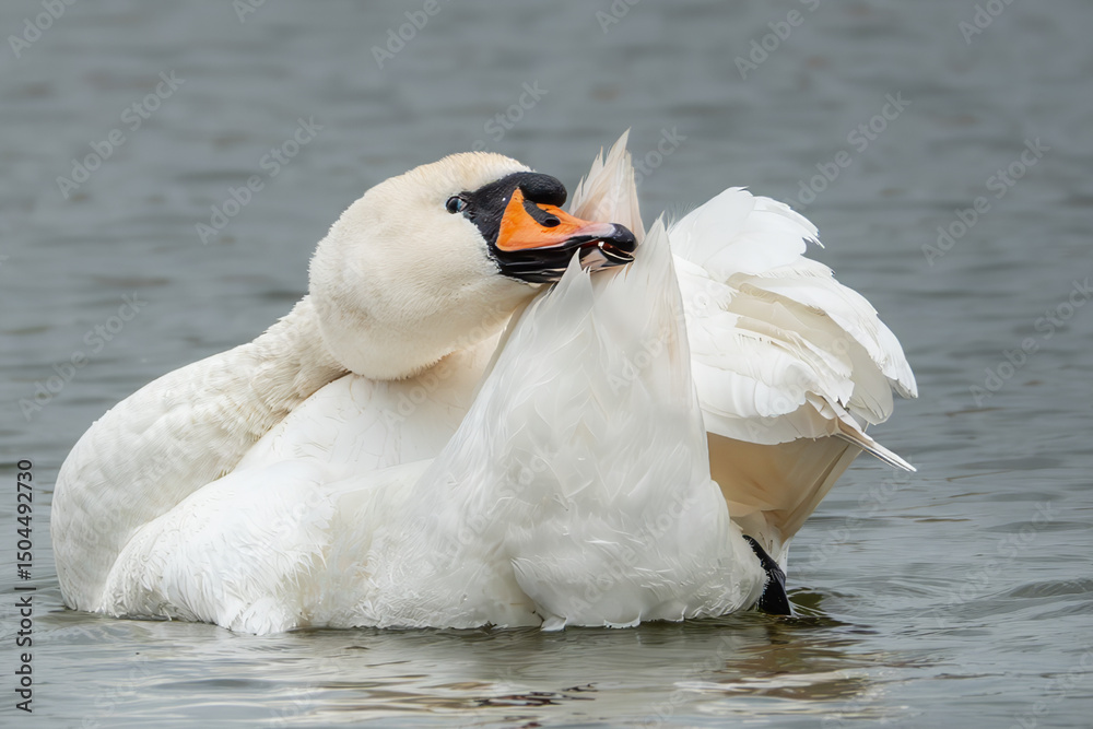 Naklejka premium Höckerschwan im See bei der Gefiederpflege