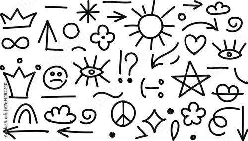 Grungy hand-drawn doodle icon set featuring stars, hearts, arrows, eyes, symbols, and sketch elements. Perfect for creative design, stickers, branding, and digital art.
