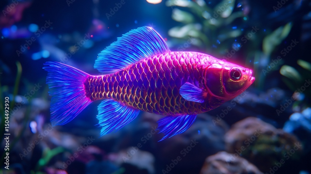 Fototapeta premium Fluorescent fish swims among aquatic plants in a dark blue environment