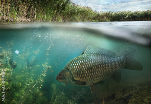 Fishing. Close-up shut of a fish carp underwater. Underwater background.	