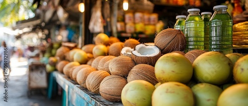 Fresh coconuts and green juice bottles at a tropical market stall. Sunny outdoor scene