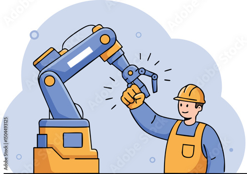 Industrial robotic arm and factory worker collaboration in automation technology vector illustration 