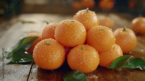 Freshly stacked oranges with water droplets on rustic wooden planks background