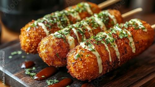 Fried corn dogs with sauce drizzled on a wooden platter