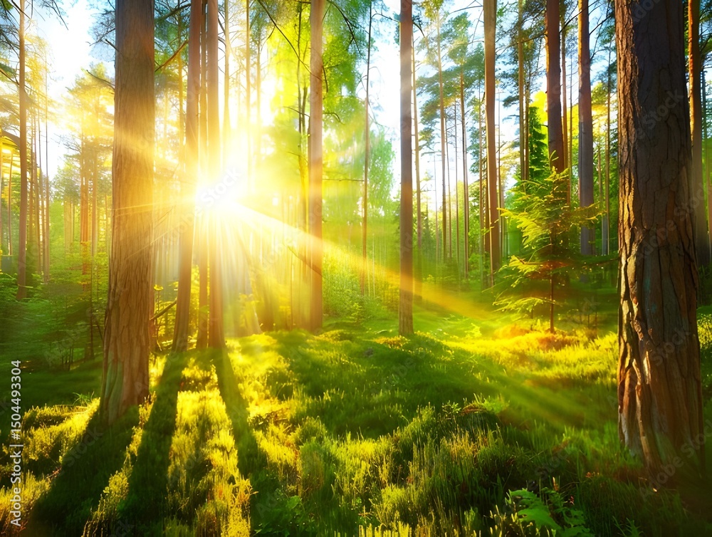 Obraz premium Dense Pine Forest with Sunlight Through Branches, Wide-Angle Immersive Woodland Scene, Lush Foliage and Dappled Light