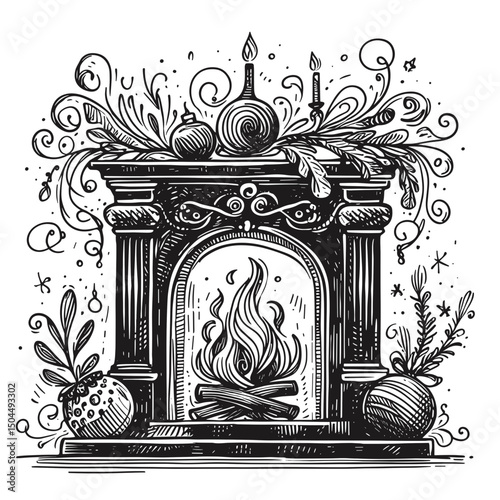 Christmas fireplace with decorations in black and white sketch