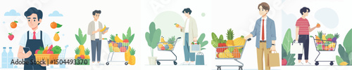vector of a young man shopping for fruit