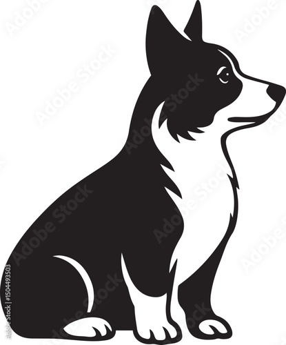 Corgi silhouette sitting profile view, Black and white corgi cute design
