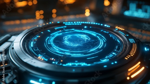 Futuristic blue-lit digital interface with glowing circular patterns and data display