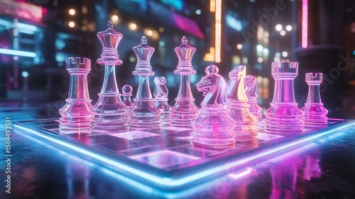 Futuristic chess set with glowing neon accents in a city at night