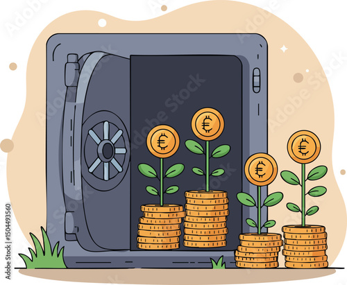 Safe Deposit Box with Euro Coin Plants Growing from Stacks of Coins Financial Growth Concept Vector 