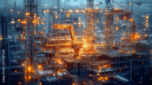 Futuristic city construction site with cranes, robots, and glowing lights
