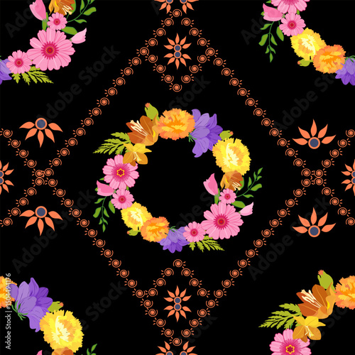 Set of bright flowers, collection of differently colored flowers, flower heads, buds. Collection of abstract flowers in black background. Spring flat flower background vector. Seamless wreath floral w