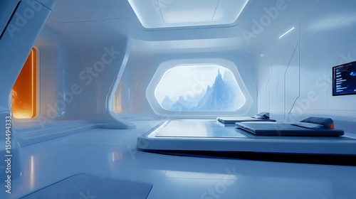 Futuristic, minimalist medical room with mountain view and two beds