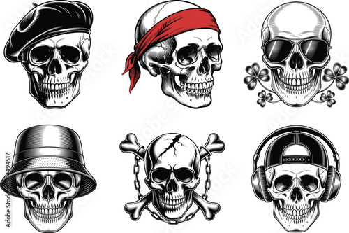 Human Skull Silhouette Bundle Set of Skulls Vector Art and White Background. Vector graphic.