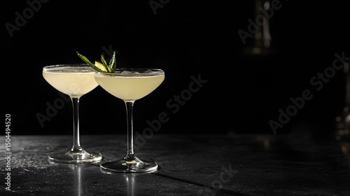 Elegant cocktails with lime garnish on dark background, minimalist style