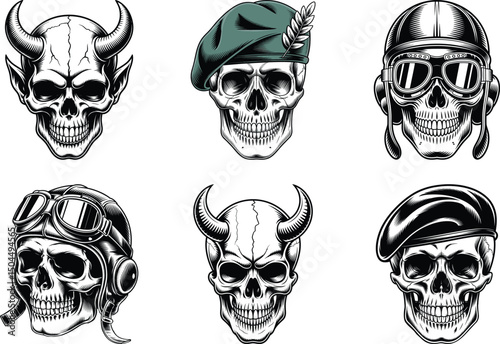 Human Skull Silhouette Bundle Set of Skulls Vector Art and White Background. Vector graphic.