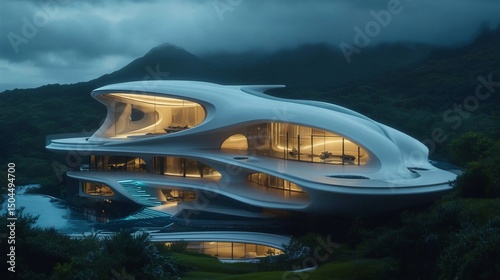 Futuristic, sleek home, organic architecture, modern design, lights, nature, mountains, water, moody