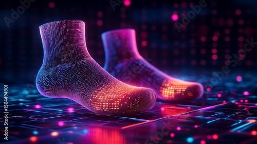 Futuristic socks glowing with data, digital neon light and cyber technology