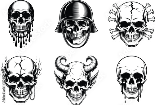 Human Skull Silhouette Bundle Set of Skulls Vector Art and White Background. Vector graphic.