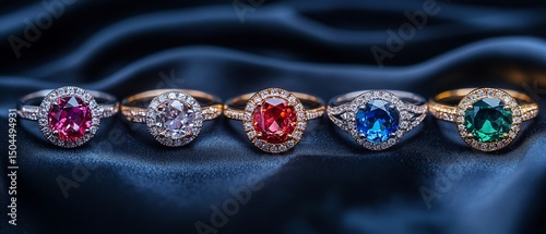 Gemstone rings in various colors lined up on dark blue silky fabric