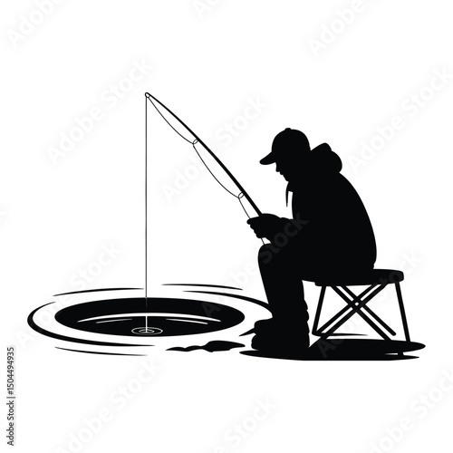 Ice Fishing Hole Scene Silhouette, Vector, Illustration, Icon, Logo, White Background.