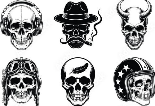 Human Skull Silhouette Bundle Set of Skulls Vector Art and White Background. Vector graphic.