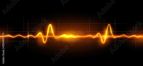 Abstract glowing yellow heartbeat graphic on a black background. Concept of life, health, technology, and medical.