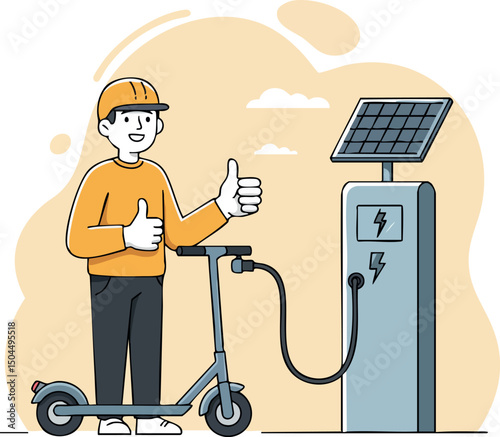 Electric scooter charging with solar panel and worker showing thumbs up vector illustration 