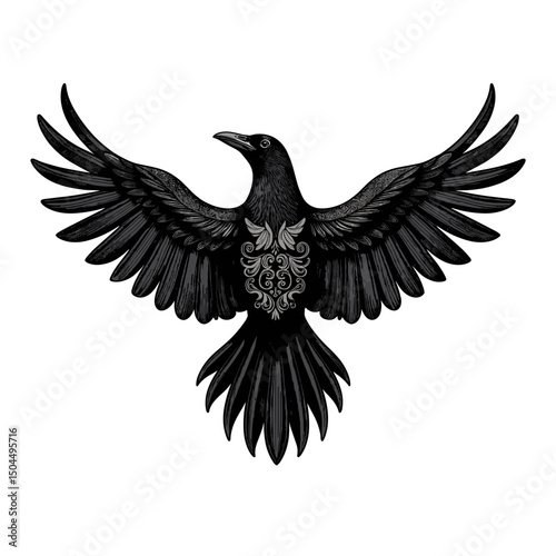 Black raven with spread wings and ornamental design  