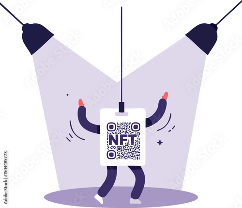 NFT digital token character dancing under purple spotlight vector illustration 