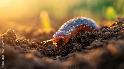 Glowing slug crawls on rich soil in golden light