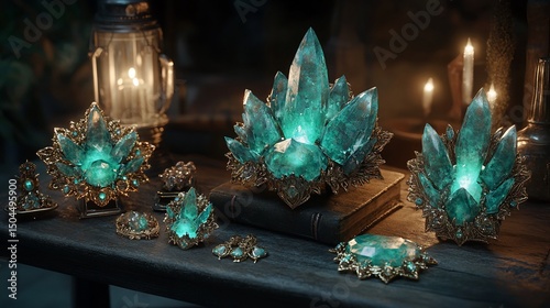 Glowing teal crystals with gold filigree on a wooden table, warm lighting