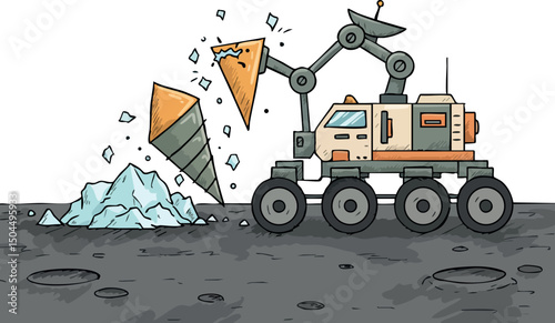 Lunar rover with robotic arm drilling moon surface in space exploration mission vector 