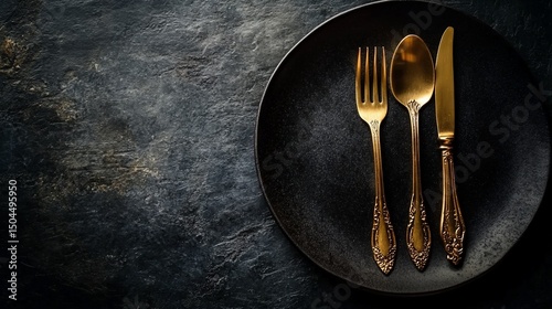 Golden cutlery resting on a dark textured plate