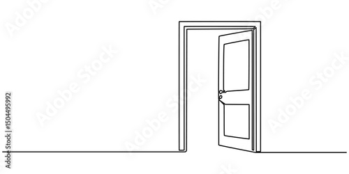 Door outline drawing illustration. one continuous line drawing of opened door, A modern line art depiction of an open door in one continuous line, Open door one line illustration, welcome sign minimal
