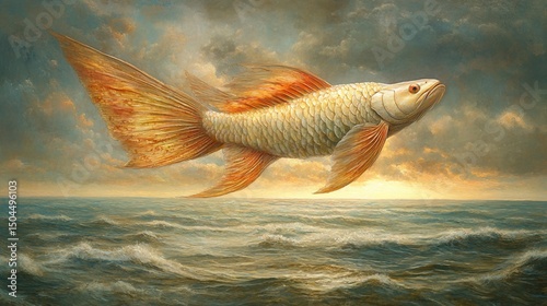 Golden fish soars above the ocean under a cloudy sky with a sunset glow