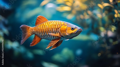 Golden fish swims in tranquil, blue-toned waters, surrounded by lush green foliage