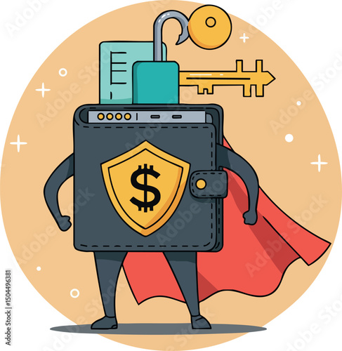Wallet character with key and red cape superhero financial security concept vector illustration 