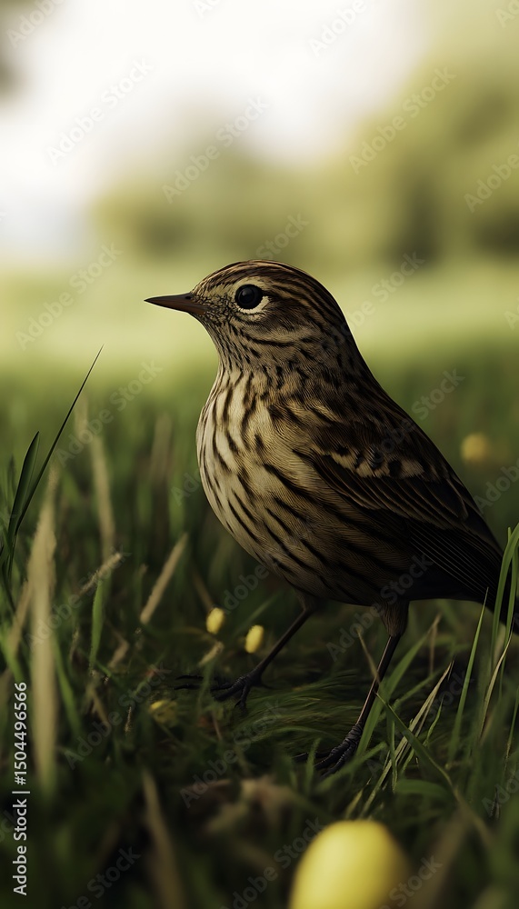Fototapeta premium Realistic Photo of Meadow Pipit in Irish Grassland