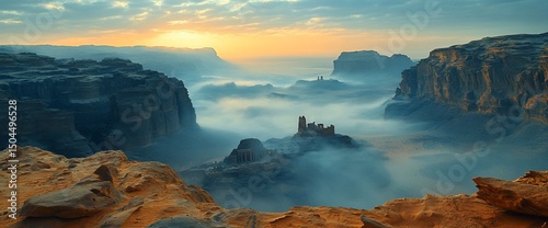 Magnificent landscape of an ancient civilization shrouded in ethereal mist at sunrise