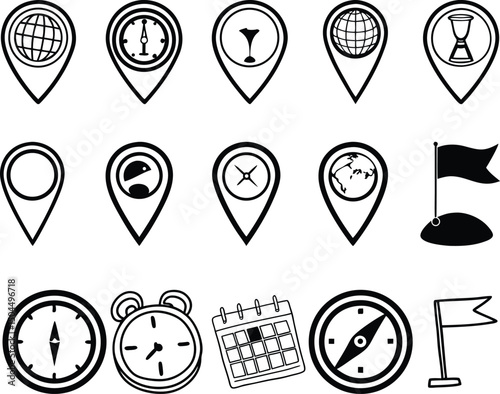 Time, Date and Location Icon Line Set