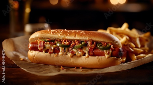 Gourmet hotdog with toppings, fries on parchment, wooden table, bokeh background