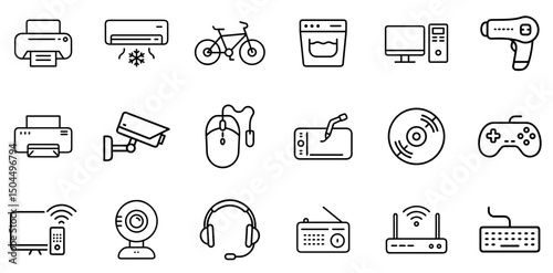 Electronics and Smart Device Icons – Printer, Air Conditioner, Computer, Game Controller, Tablet, Wi-Fi Router, Webcam, Washing Machine, Headphones, Smart TV