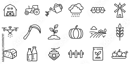 Agriculture and Farming Icons – Barn, Tractor, Watering Can, Rain Cloud, Eggs, Windmill, Drone, Pumpkin, Wheat, Beehive, Milk, Produce Basket, and Seed Packet