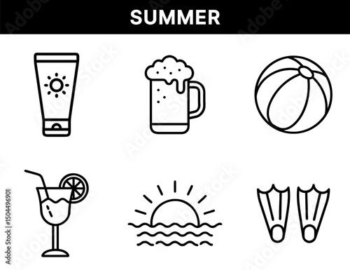 Summer Fun and Beach Vacation Icons – Sunscreen, Beer Mug, Beach Ball, Tropical Cocktail, Ocean Sunset, Swim Fins for Leisure, Travel, and Warm Weather Activities