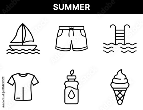 Summer Essentials and Beach Fun Icons – Sailboat, Swim Shorts, Pool Ladder, T-Shirt, Water Bottle, Ice Cream for Vacation, Outdoor Recreation, and Hot Weather


