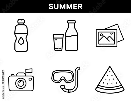 Summer Vacation and Travel Icons – Water Bottle, Refreshing Drinks, Photo Postcard, Camera, Snorkel Gear, Watermelon Slice for Beach Fun and Warm Weather Days